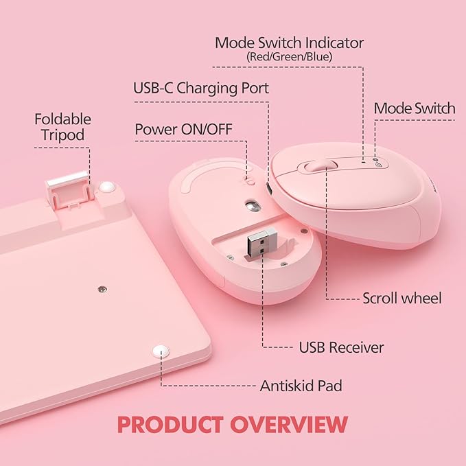 Pink Wireless Keyboard and Mouse Combo for Desktop Mac iPad Bluetooth 2.4 Ghz Rechargeable Slim Silent Click with Number Pad Compatible with Pc, Laptop, Tablet (Pink)