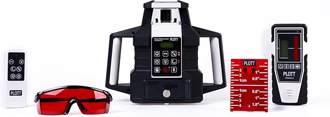 Plott PRL900HT-RK Dual Slope Rotary Laser Level, 2000ft Range, Red Beam, Bluetooth App Control, Self-Leveling 6°, 20hr Battery Life