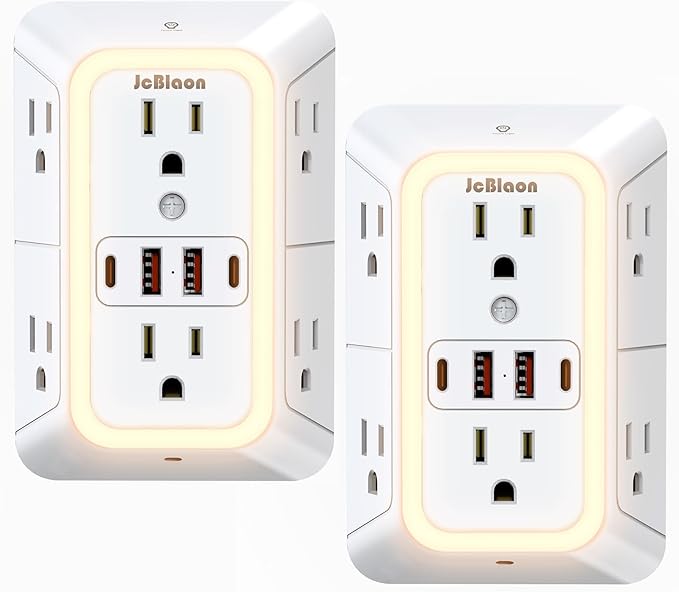 Outlet Extender with Night Light, Multi Plug Outlet Surge Protector,6 Outlet Splitter with 4 USB Outlet (2 USB A,2 USB C) 3 Sided Multi Plug Wall Adapter Power Strip for Home Travel Office 2 Pack