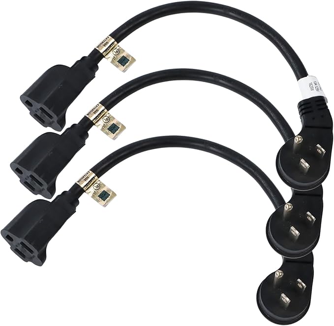 EP 3 Pack 1 Ft Flat Plug Extension Cord, 16 AWG 3 Prong Grounded Black Low Profile Extension Cable for Indoor