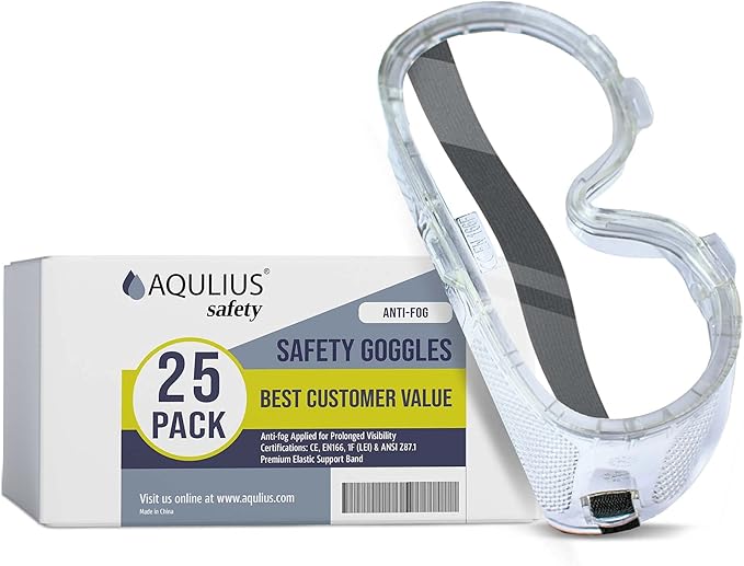 Aqulius Safety Goggles - 25 Pack, Direct-Vented PVC Frame, Comfort Fit - Anti-Fog Safety Glasses & Protective Eyewear - Impact & Chemical Splash-Resistant Eye Protection
