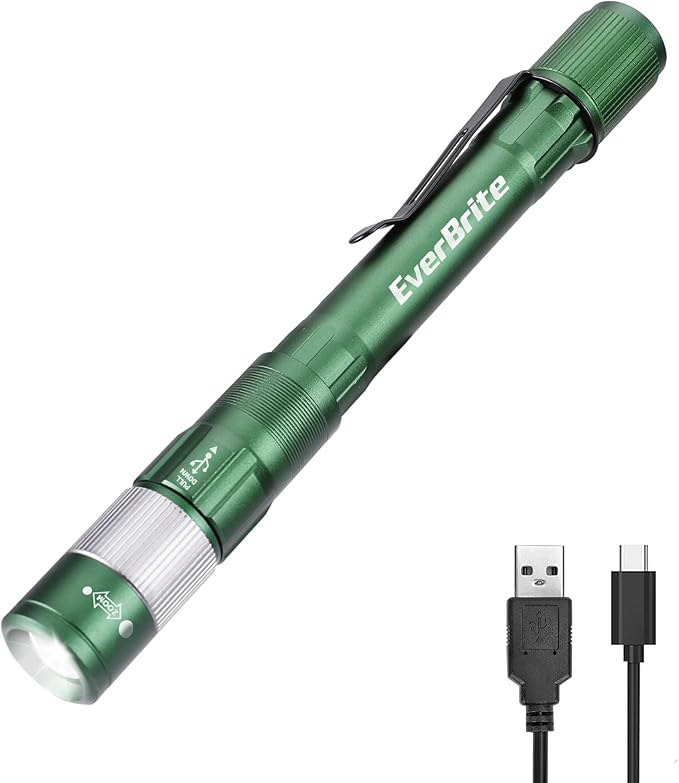 EverBrite Pen Light, Rechargeable Pen Flashlights, 300 Lumens Zoomable LED Small Flashlight with Clip, Memory Function, USB-C Cable Included, Pocket Size for Camping, Emergency, Mechanic, Green