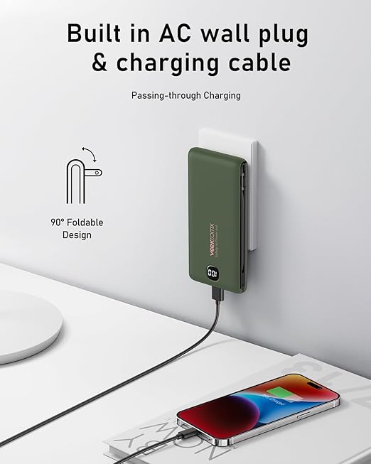 VEEKTOMX Portable Charger with Built in Cables 10000mAh, Power Bank for iPhone with Wall Plug, Travel Essential Fast Charging USB C Slim External Battery Pack for iPhone16/15/14, Samsung, iPad, etc