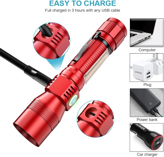 UV Flashlight Rechargeable, Black Light Flashlight with Magnet&Side Work Light 3in1 Tactical Flashlight Blacklight&Redlight, Zoomable, Waterproof LED Torch for Pet Urine Detector, Red,2Pcs