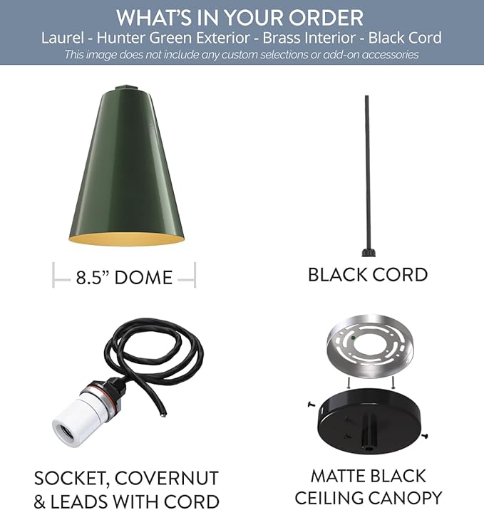 Steel Lighting Co. Laurel Pendant Light | Ceiling Mounted | 8.5 inch Cone Shade | Modern Contemporary Farmhouse Style Made in America | Black Cord |Hunter Green Exterior/Brass Interior