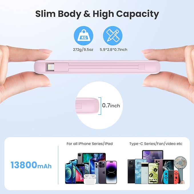 Portable Charger 13800mAh Slim USB C Power Bank with Built in Cables and Wall Plug,LCD Display Lightweight Travel Battery Pack,PD Fast Charging Compatible with iPhone 15,14,Samsung Android-Pink