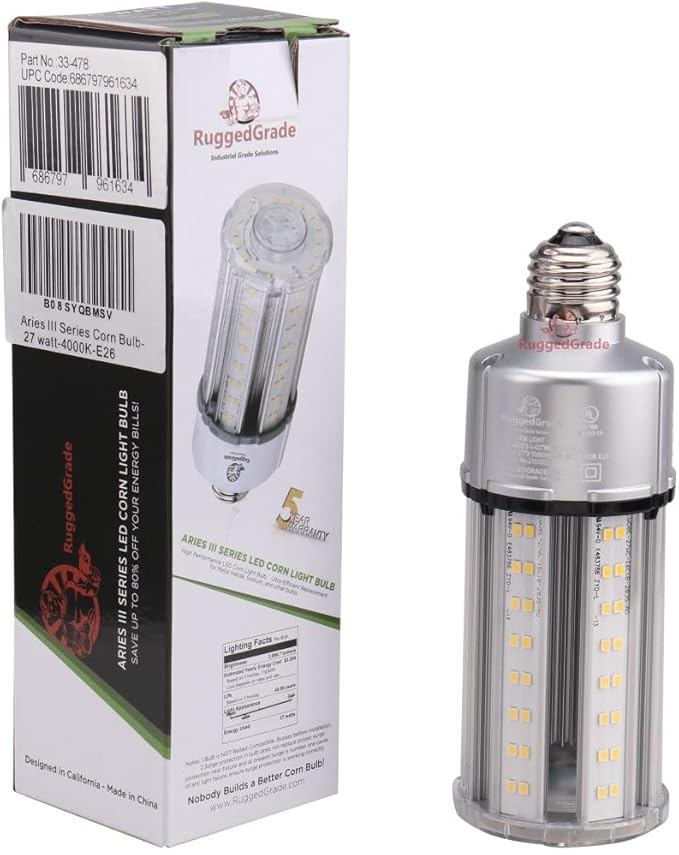 RuggedGrade Aries III Series 27W LED Corn Bulb | 3,646 Lumens | 4000K | E26 Base | Dimmable with 4KV Surge Protection | DLC 5.1 Premium