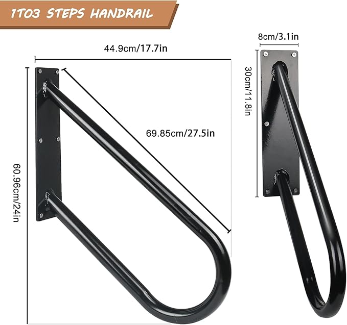 Handrails for Outdoor Steps,28" U-Shaped Handrails for 1-3 Steps,Wall-Mounted U-Shaped Metal Stair Railing with Non-Slip Texture,Stainless Steel Safety Handrail for Elderly Assist (Black)