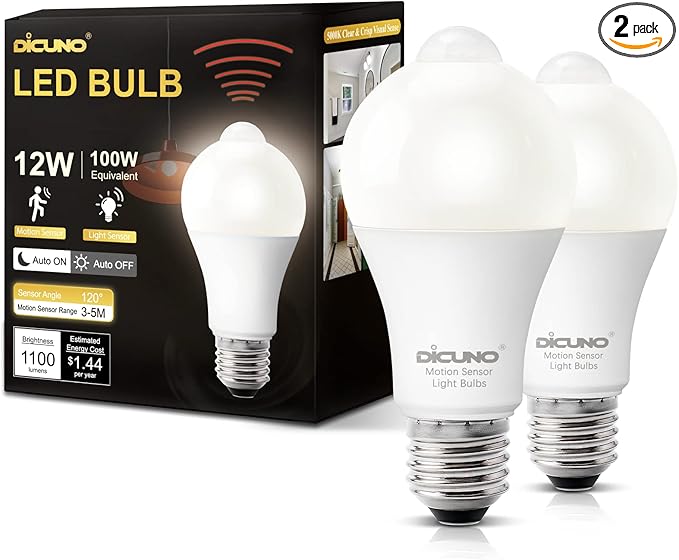 DiCUNO PIR Motion Sensor Light Bulbs, 12W (100W Equivalent) E26 LED Body Motion Sensor Infrared Bulb Auto on/Off, Outdoor/Indoor Light for Front Porch Garage, 1100LM 5000K Daylight White, 2 Pack