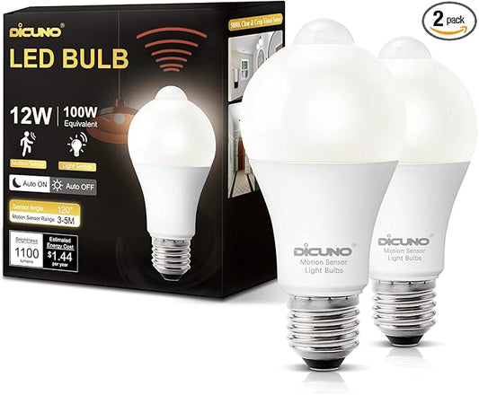 DiCUNO PIR Motion Sensor Light Bulbs, 12W (100W Equivalent) E26 LED Body Motion Sensor Infrared Bulb Auto on/Off, Outdoor/Indoor Light for Front Porch Garage, 1100LM 5000K Daylight White, 2 Pack