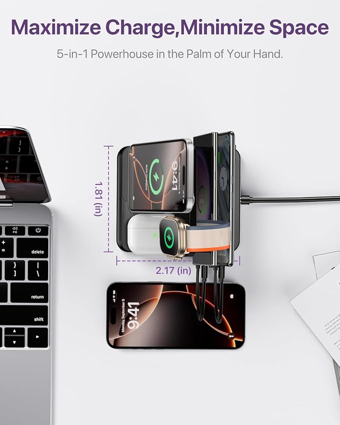 Multiple Devices Charging Station, 5-in-1 Charging Station for iPhone 16e/16 Pro Max/Pro/Plus/15/14/13/12, iPad Pro/Air/Mini, Apple Watch and Airpods,Wireless Charging Dock(G805) (White)