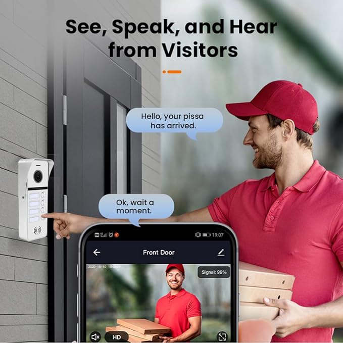 Wired Apartment Video Doorbell System 4 Units 7 Inch Touch Monitor Video Doorbell System,Wireless Video Door Phone Kit, Indoor Outdoor Support Monitoring,Unlocking,Dual Way Intercom for Home Vally