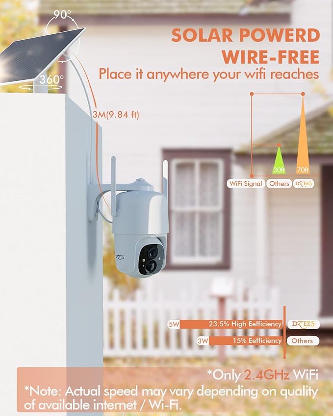 Dzees Solar Security Cameras Wireless Outdoor, 2K Battery Powered Security Camera, 360° PTZ Camera with Spotlight, Siren, Color Night Vision, AI Dectection, IP66 for Home Security, 2.4GHz