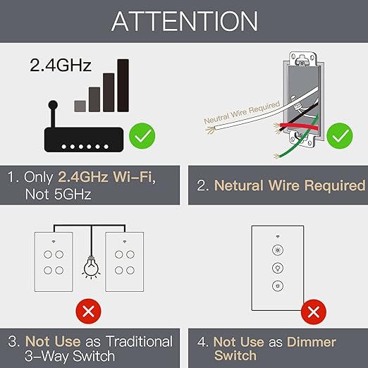 MOES 2.4GHz WiFi Wall Touch Smart Switch Neutral Wire Required, 3 Way Multi-Control, Glass Panel Light Switch Work with Smart Life/Tuya App, RF433 Remote Control, Alexa and Google Home Black 4 Gang