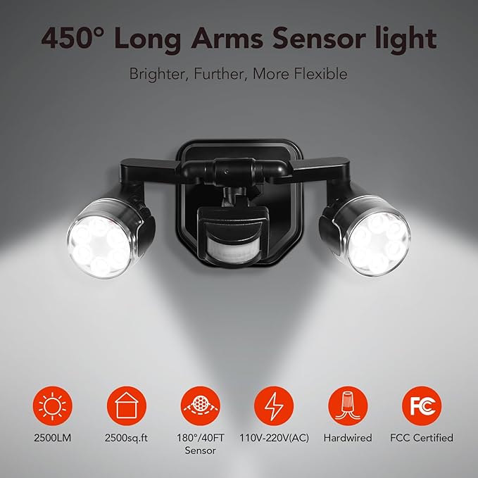 OREiN 450° Adjustable Outdoor Security Light with 3 Joints Each Arm, 2500LM 180°/40FT Motion Sensor Outdoor Lights, Dusk to Dawn Flood Light IP65 Waterproof for Garage/Garden/Door, Black (Hardwired)