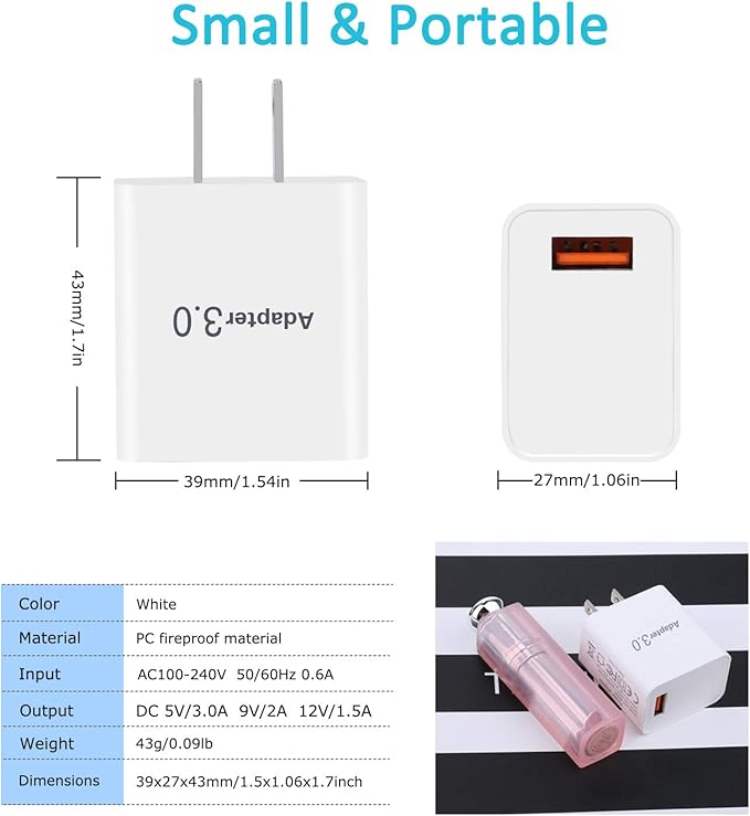 Fast Charge 3.0 Wall Charger, 18W USB Wall Plug 3A Fast Charging Block Power Adapter Compatible with Wireless Charger iPhone 16 15 14 Pro Max 13 12 11 XR Galaxy S23 S22 A03s, 4Pack White
