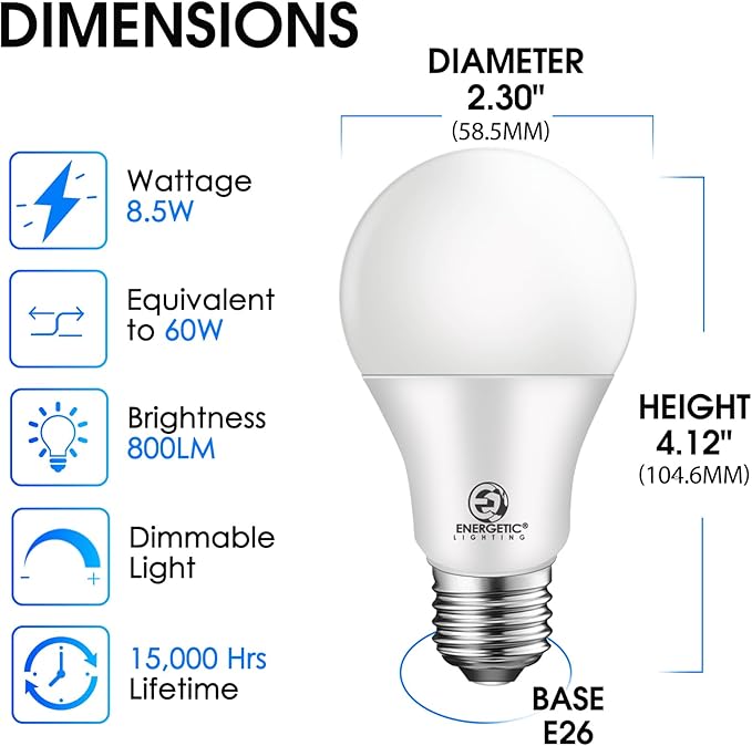E ENERGETIC LIGHTING Dimmable LED Light Bulbs, 60W Equivalent, Cool White 4000K, 8.5W 800 Lumens LED Bulbs, E26 Base Standard Light Bulbs, ETL Listed, 20 Packs