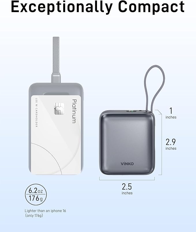 VINKO Small Portable Charger, 22.5W Fast Charging Mini Power Bank 10000mAh with Built-in Cables LED Display, Travel Essential USB-C Battery Pack Compatible with iPhone,Samsung,Android (Gray)