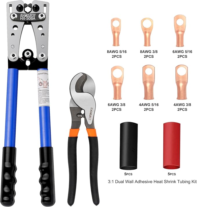 Sanuke Battery Cable wire Lug Crimping Tool for AWG 8-1/0 Electrical Lug Crimper with Cable Cutter and 12PCS Lugs Tubular Ring Terminal Connectors and 10PCS 3:1 Dual Wall Adhesive Heat Shrink Tubing
