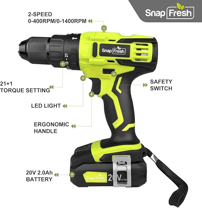 SnapFresh 20V Cordless Impact Drill-1/2" Power Drill/Driver Set,445in-lbs Torque Max,2 Variable Speeds, 43Pcs Bits w/case,2.0Ah Battery & Fast Charger Included, Power Tools