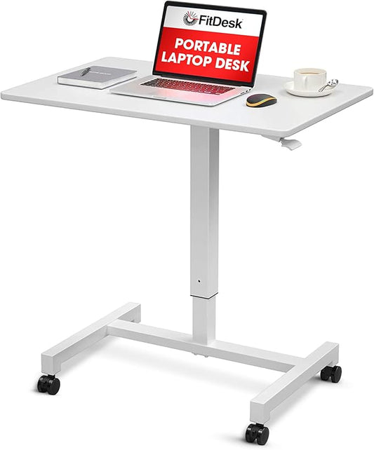 FitDesk Portable Laptop Desk, Rolling Standing Workstation Adjustable Height, Compact Standing Table with Large Surface, Small Stand Desk for Home Office, 30 lb Weight Limit – White, 27" Tabletop