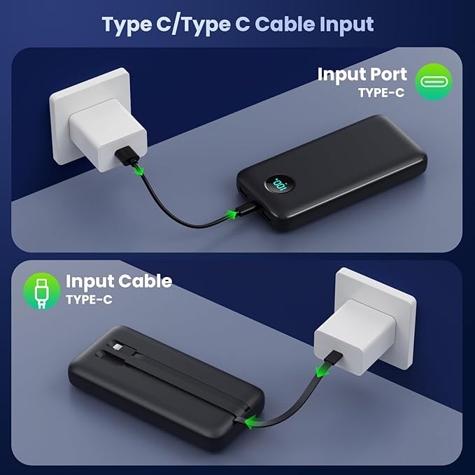 Portable Charger PowerBank 40,800mAh with 2 Built-in Cables,25W PD Fast Charging +QC 4.0 Quick Phone Charging Power Bank, 5 Outputs LCD Display USB C Battery Pack for iPhone 16/15 Android Galaxy etc