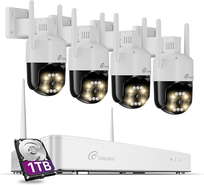 4K Wireless Security Camera System Wi-Fi 6, Color Night Vision, 355° Pan 95° Tilt, Light & Siren Alarm, Human Vehicle Detection, Two-Way Audio for Indoor Outdoor, 8CH NVR 1TB HDD Included