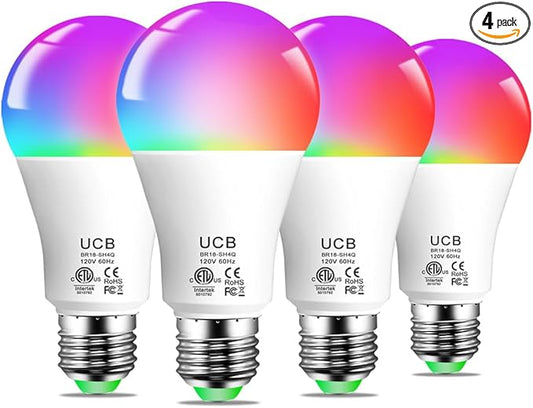 UCB Smart Light Bulbs 130W Equivalent, Color Changing Light Bulb, Work with Alexa Only, 16 Million Colors RGBWW, Music Sync, DIY Flash,1300LM A19 E26 Bluetooth Led Light Bulbs, No WiFi Required,4Pack