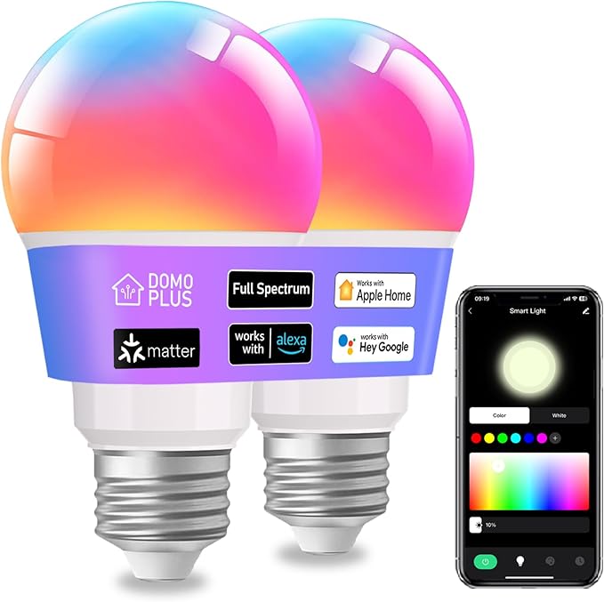 Matter Smart Light Bulb, A19 WiFi Smart Bulbs, Recessed Can LED Color Changing Light Bulbs RGBW, Works with Matter, Alexa and Google Assistant, 2.4Ghz Only, E26 800 Lumen, 2 Pack