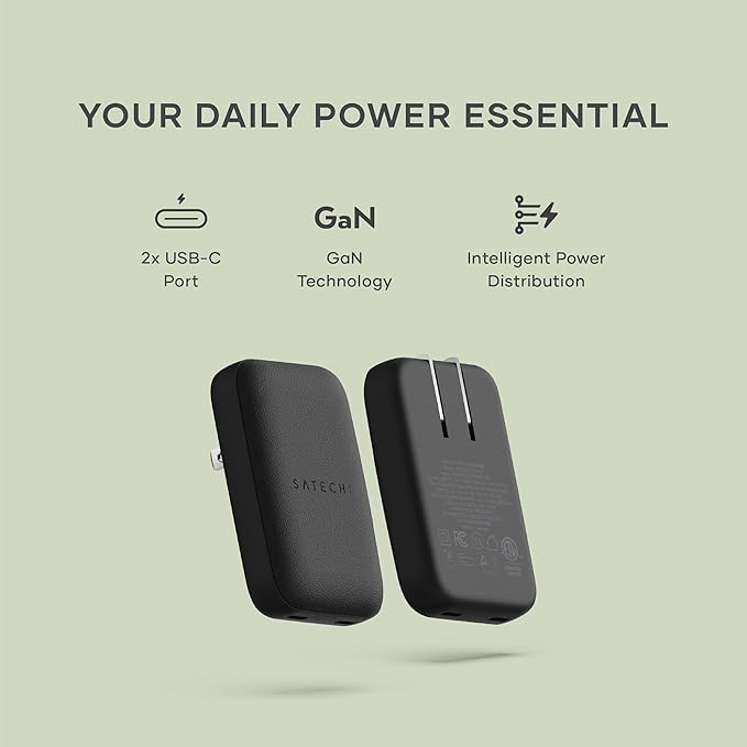 Satechi OntheGo 67W Wall Charger, GaN USB C Travel Charger with 2 USB-C PD Fast Charging Ports, for MacBook Pro/Air, iPad Pro/Air, iPhone 16, Steam Deck, Galaxy, Windows – Black