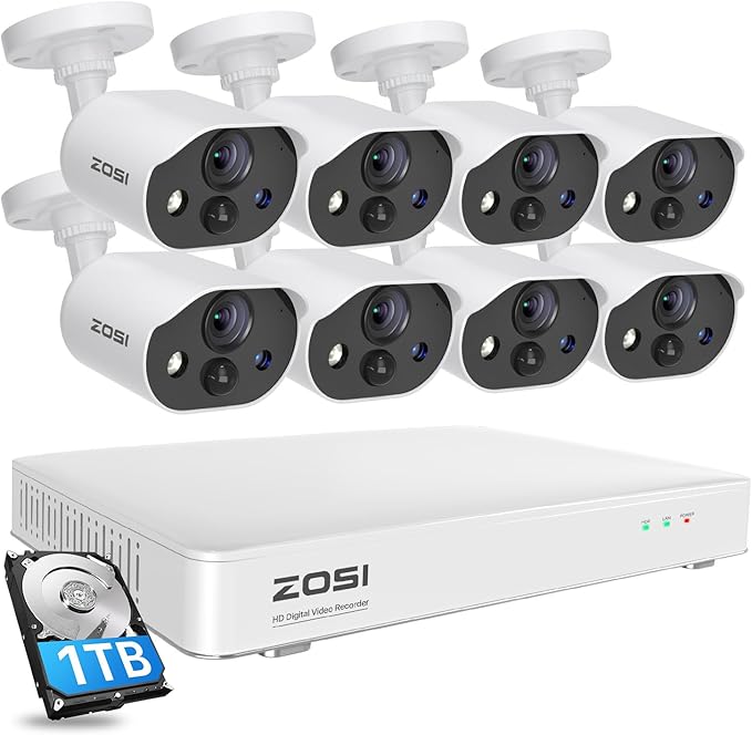 ZOSI C303 Home Security Camera System with Audio, 8CH 3K Lite H.265+ DVR with 1TB HDD, 8pcs 1080P Outdoor CCTV Cameras, Person Vehicle Detection, Night Vision, Spotlight Siren, for 24/7 Recording