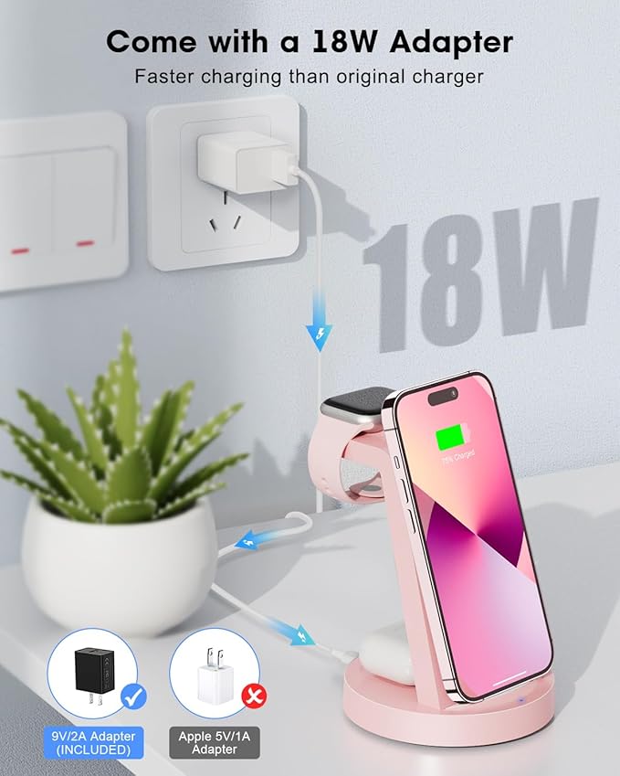 3 in 1 Charging Station for Apple Device, Wireless Charger for iPhone 16 15 14 13 12 11 Pro Max & Apple Watch iwatch- Charging Stand Dock for AirPods