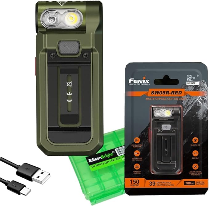 Fenix SW05R-RED Clip On Flat Body swival Flashlight with Red Light with EdisonBright Accessory case Bundle (Green)