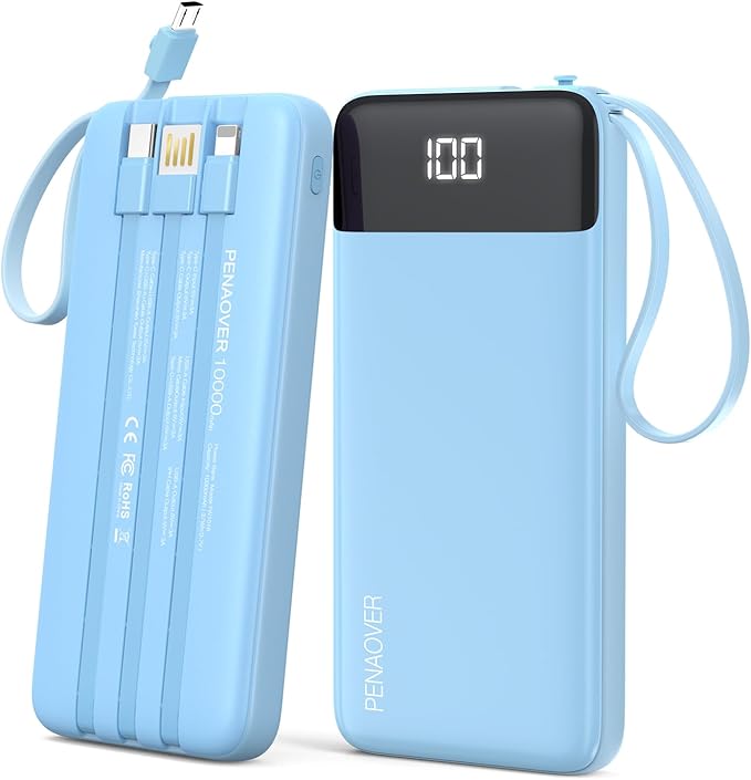 Portable Charger 10000mAh Power Bank with Built-in Cable, 5 Output 2 Input Travel Essential External Battery Pack with LED Display Compatible with iPhone 16/15 Samsung S22 Android,etc