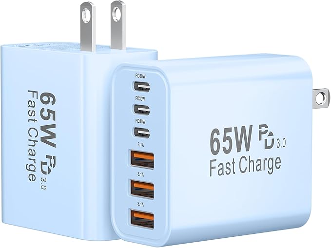 USB C Fast Charger Block, 65W GaN 6 Port USB C Wall Charger 30W Type C Charging Blocks, 3USB C+3USB A PPS/PD 3.0 Multiport Charging Cube for iPhone 16 15 14 13 Pro Max,for Galaxy S25 S24,2 Pack,Blue