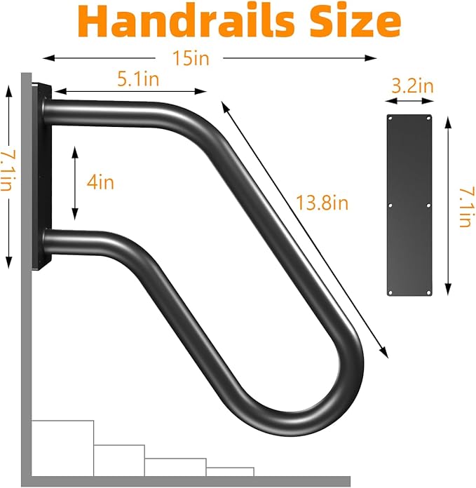 Handrails Wall Mount Stair Safety Handle Non-Slip Step Metal U-Shape Grab Yard Mounted Garage Porch Garden Hand Railings Powder Coated Heavy Duty Indoor or Outdoor Safe Bars (2 Pack)