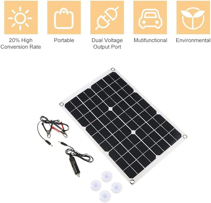 Lixada Solar Panel Charger USB Port Portable High Power Monocrystalline Solar Panel Phone USB Devices Charger & Car Battery Charging Clip Line for Cell Phone Camping RV Boat Marine - 20Watt