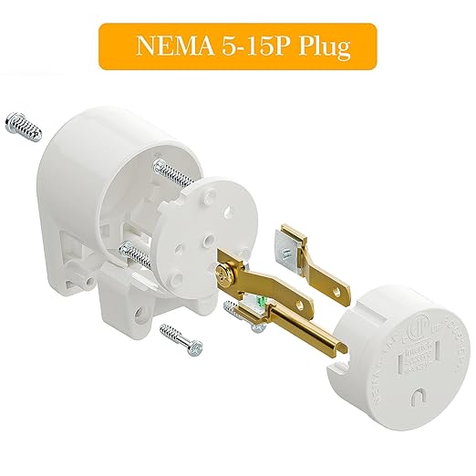 12-Direction Adjustable Right Angle Nema 5-15P 15A 125V Rewireable AC Plug - White, ETL Verified