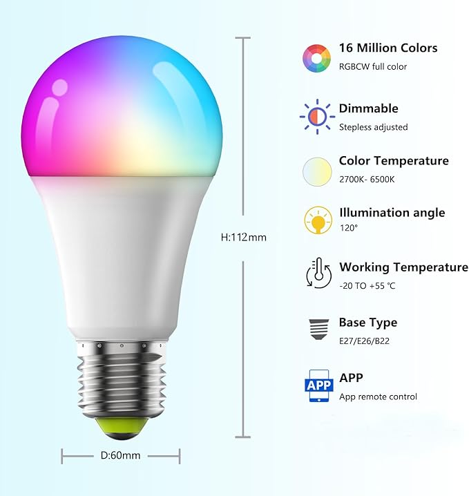 Smart LED Bulbs, Bluetooth Light Bulbs, RGB+CCT Color Changing Light Bulbs with App Control, A19, E26, 10W Music Sync and 8 Scene Mode for Living Room Bedroom Party (Not Support WiFi/Alexa) (1)