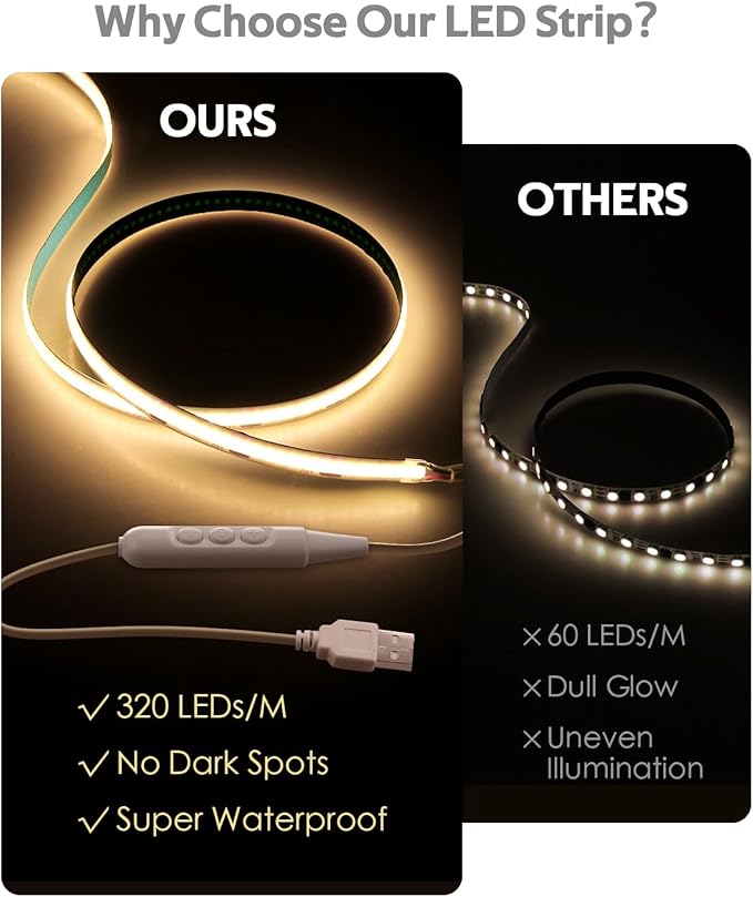 5V COB LED Strip Light for Bedroom 16.4FT USB LED Light Strip Warm White 3000K with Dimmer 320LEDs/M Flexible LED Tape Lights High Density Self -Adhesive for TV Mirror Cabinet DIY Indoor