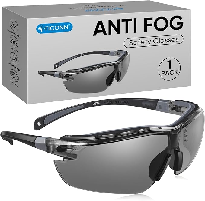 TICONN Anti-Fog Safety Glasses for Men and Women, ANSI Z87.1 Scratch Proof Eye Goggles with Adjustable Arms and UV Protection