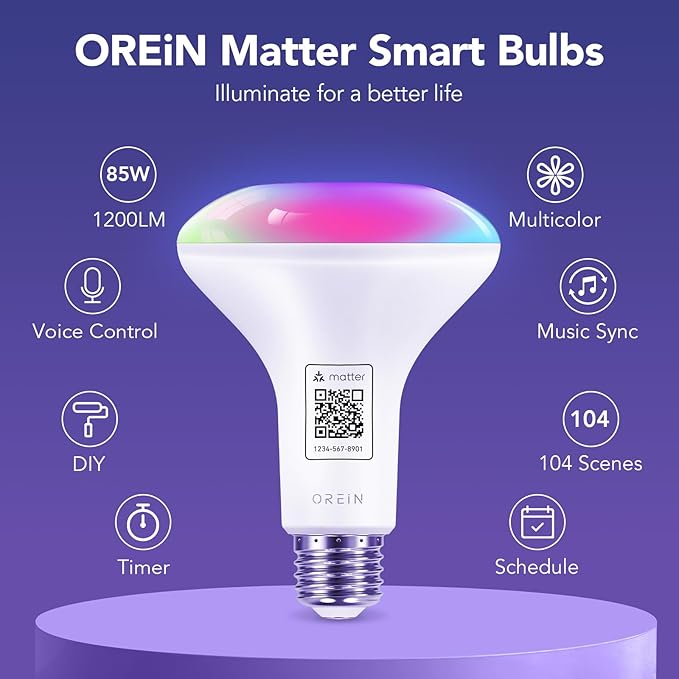 OREiN Matter Smart Light Bulb,1200 Lumens BR30 Smart Flood Light Bulbs Work with Alexa, Apple Home, Google Home, SmartThings, Color Changing Light Bulbs 2.4Ghz WiFi, 85W 4Pack
