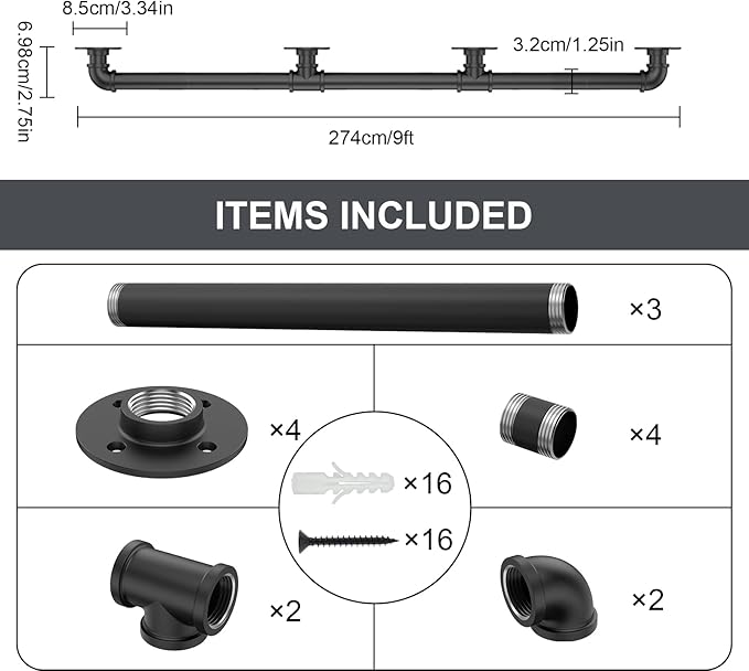 Willstar 9FT Industrial Staircase Handrail Non-Slip Pipe Bar Foot Rail Wall Mount Stair Rail Vintage Grab Bar for Steps Black Iron Pipe Handrail for Outdoor Indoor Stairs Loft Porch Hand Rail (9ft)
