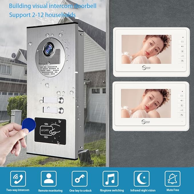 Wired Video Apartment Intercom System,6 Units 7 inch Monitor Video Door Phone Kit,Indoor Outdoor Video Doorbell, ID Card Unlock, 2 Way Audio, 6-Screen for Home Apartment (1 Doorbell+2 Monitor)