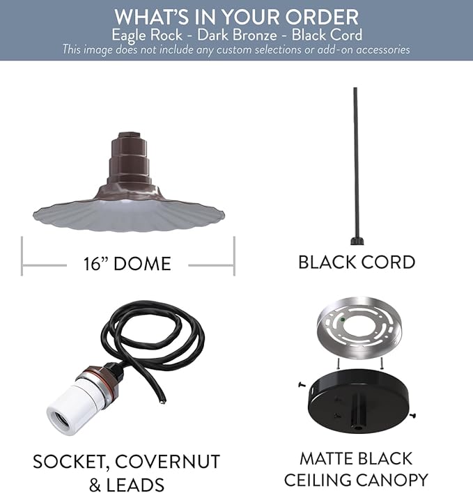 Steel Lighting Co. Eagle Rock Pendant | Ceiling Mounted Light | 16 inch Radial Wave | Black Cord | Heavy Duty Steel Retro Farmhouse Style Made in America | Dark Bronze Exterior/White Interior