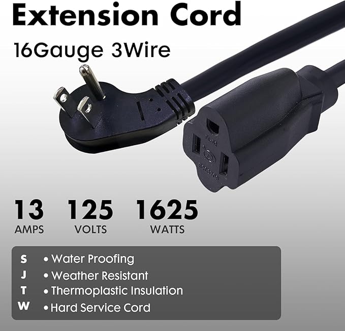 Indoor Flat Plug Black Extension Cord 3ft, UL Listed, 16/3 SJTW 3 Prong Heavy Duty, 16 Gauge 13A Power Cord for Lights, Appliance, Home, Office