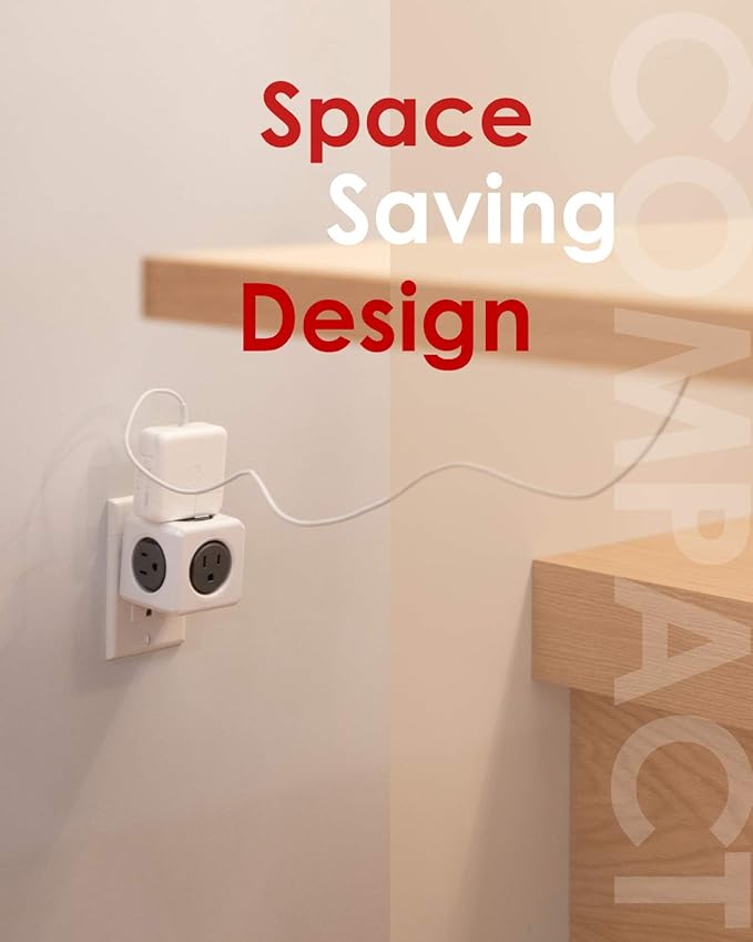 Allocacoc PowerCube Original, 5 Outlets, Wall Plug, Power Charger, Surge Protection, Compact for Travel, Home and Office, Space Saving, 1875W, 15A, 125V ETL Certified
