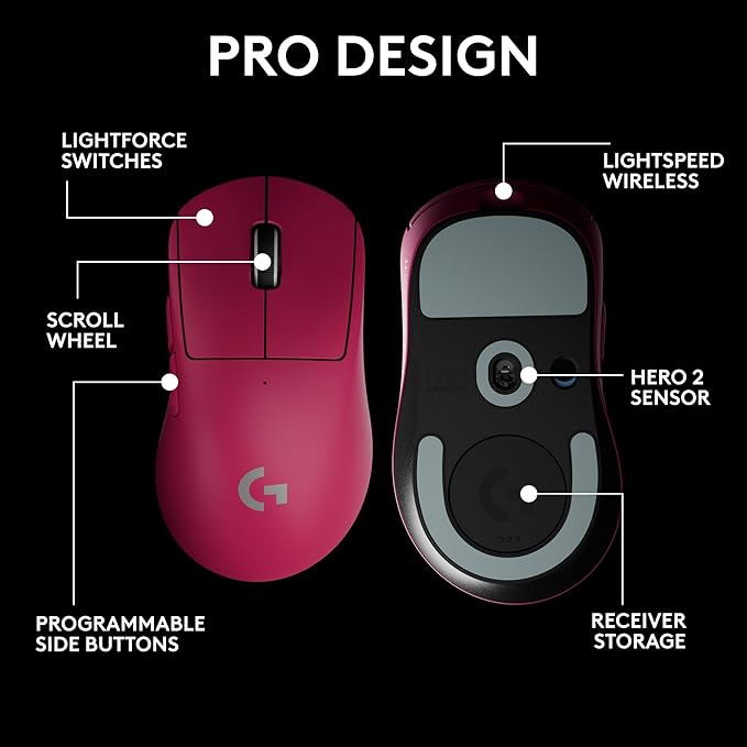 Logitech PRO X Superlight 2 DEX Wireless Gaming Mouse, Pink | Lightweight, Hero 2 Sensor, 44k DPI, 5 Programmable Buttons, Lightspeed Wireless, Right Hand, PC/Mac | Signature Series Charging Dock