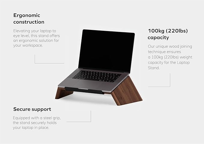 Oakywood Wooden Slanted Laptop Stand - Ergonomic Riser & Holder for 13-14" Laptops - Convenient Desk Stand Wood - 45x22x14cm - Walnut