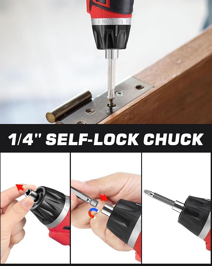 Cordless Electric Screwdriver Set, 8V 10Nm Rechargeable Power Electric Drill, Battery Screw Gun with Driver Bit, 320RPM/10+1 Torque, 2 Position Handle, Flexible Shaft LED Light (Red, 28Pcs)